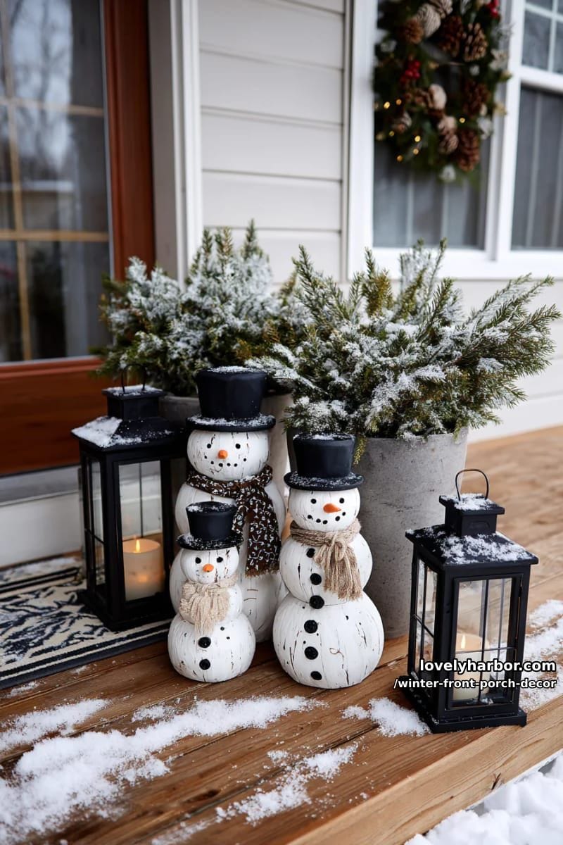 wooden snowman trio standing beside lanterns and frosted planters 1