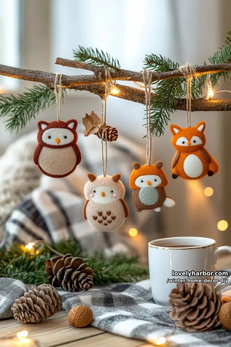 woodland animal felt ornaments hanging from a branch centerpiece 1