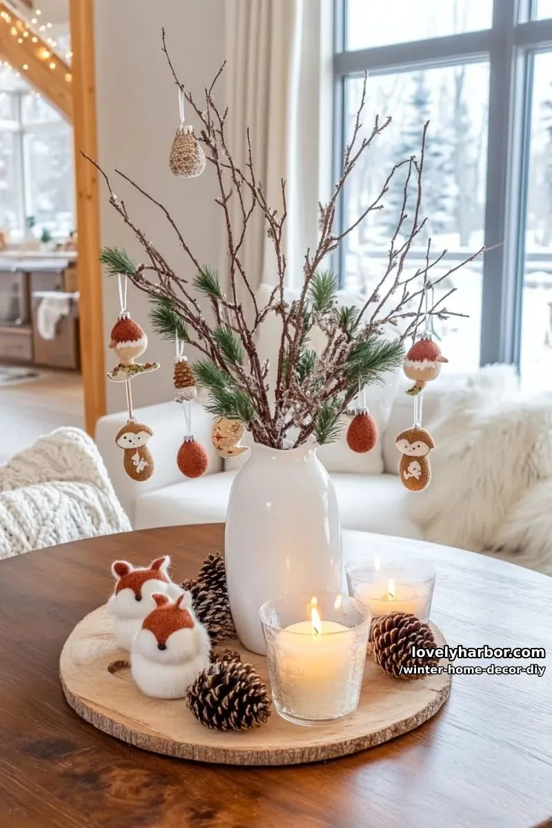 woodland animal felt ornaments hanging from a branch centerpiece 1