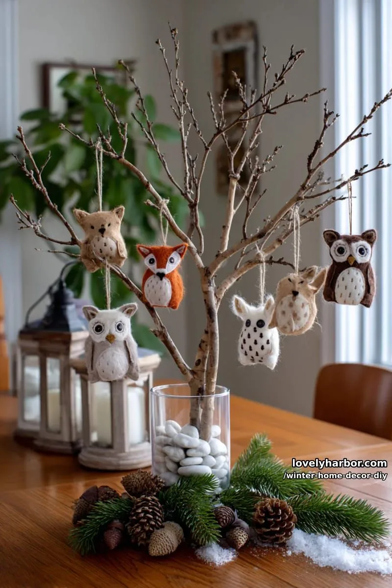 woodland animal felt ornaments hanging from a branch centerpiece 1
