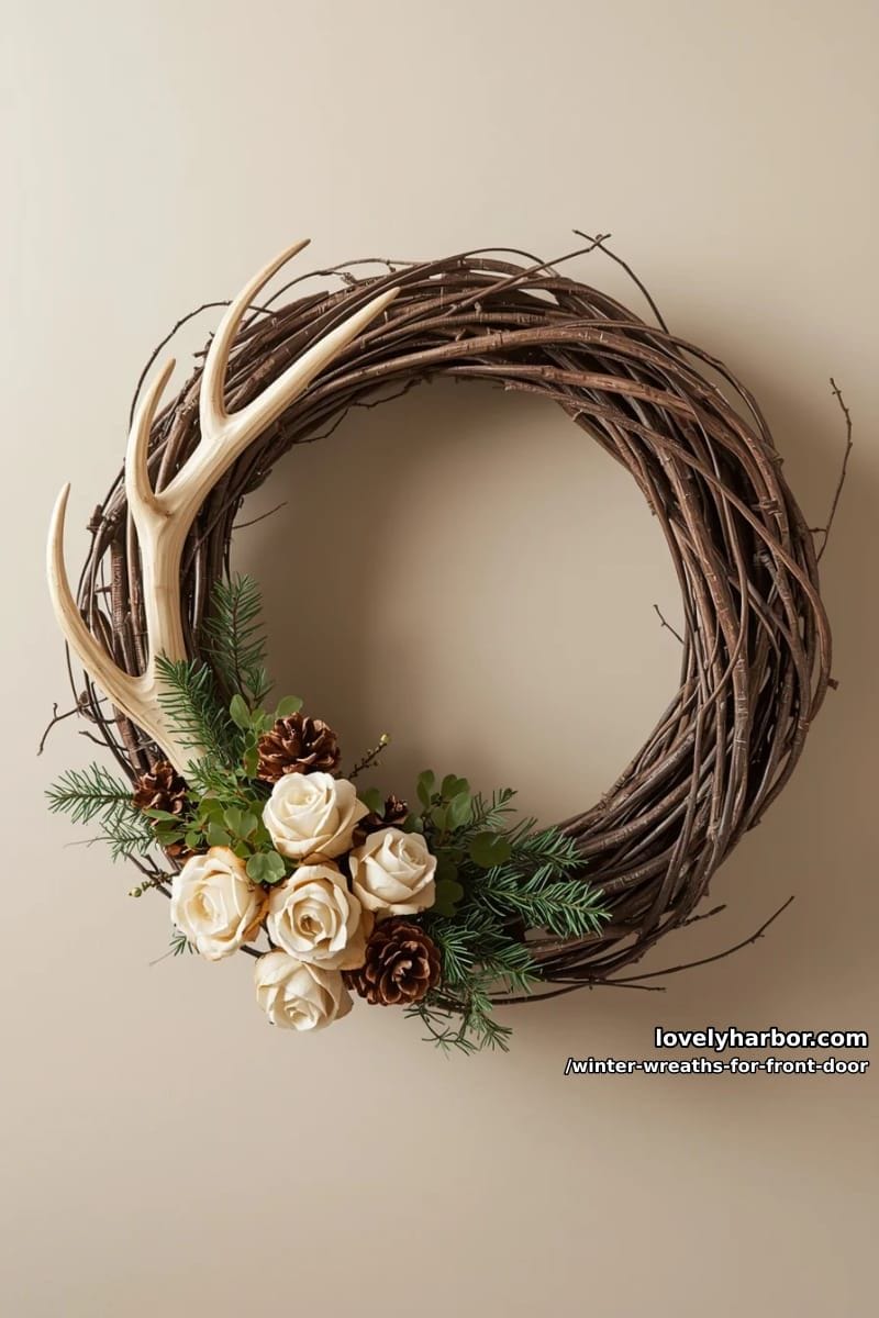 woodland antler accent wreath with pinecones and creamy white roses 1