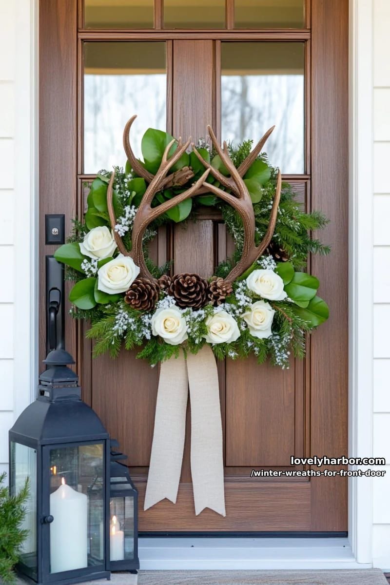 woodland antler accent wreath with pinecones and creamy white roses 1