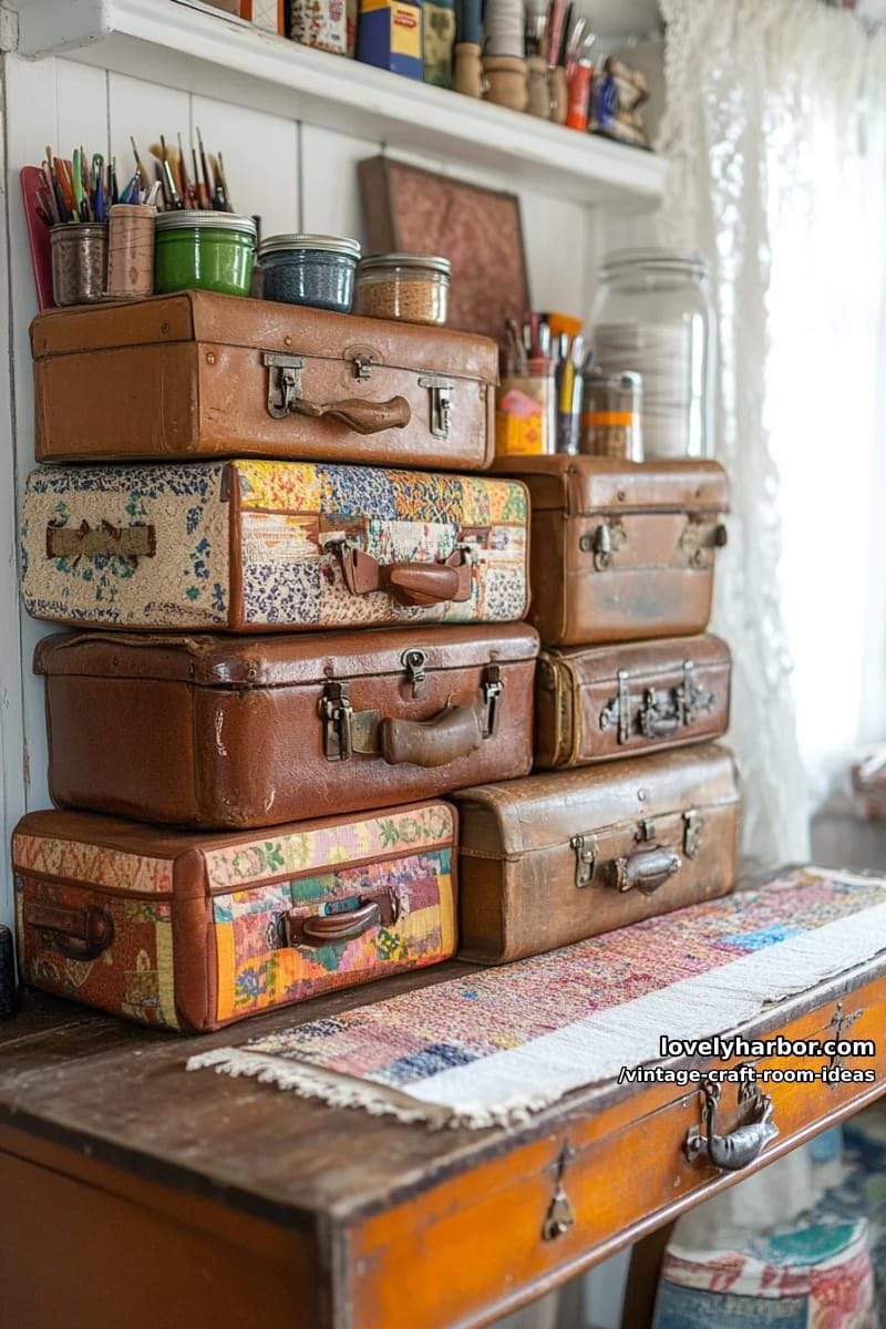 worn leather suitcases stacked as unique storage for paints and patterns 1