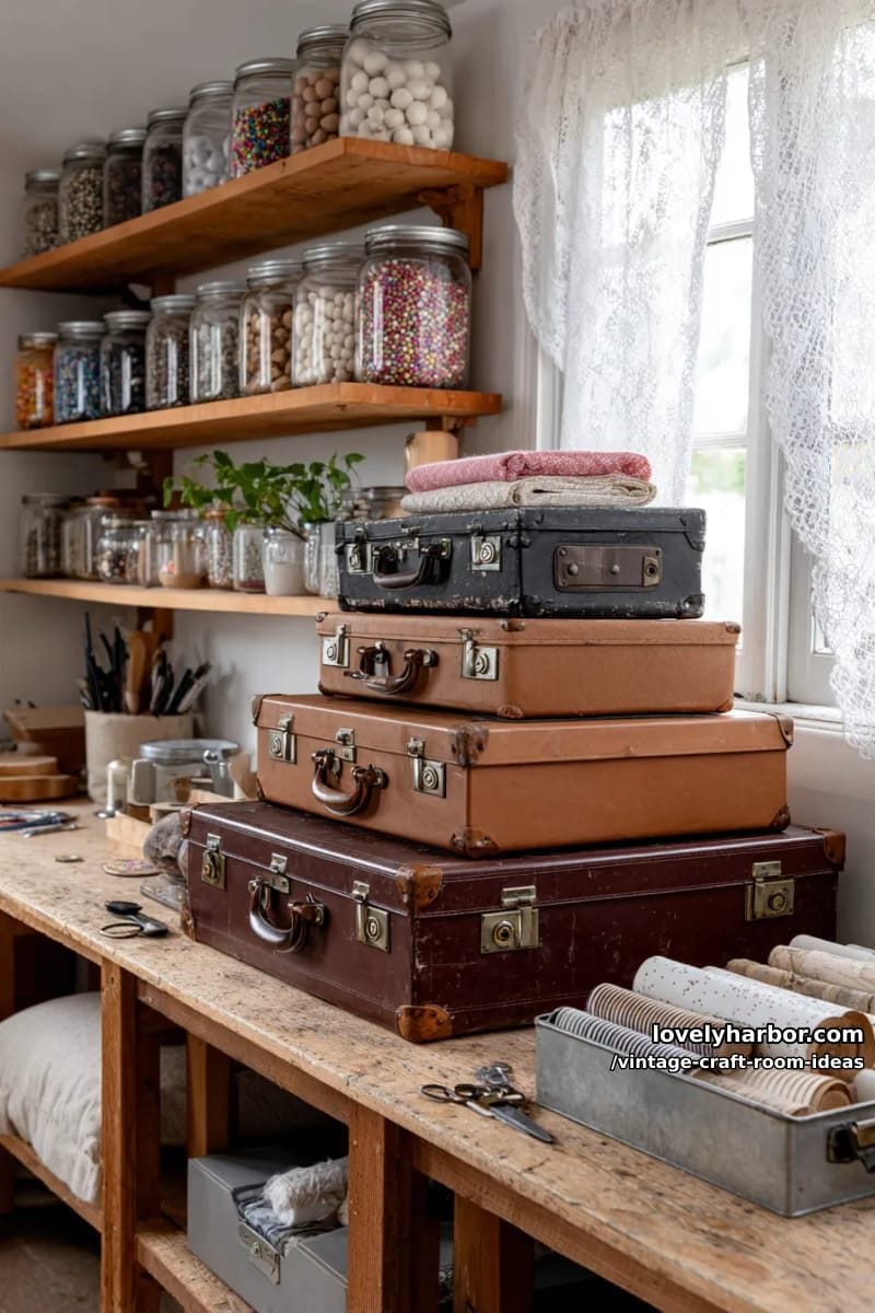worn leather suitcases stacked as unique storage for paints and patterns 1
