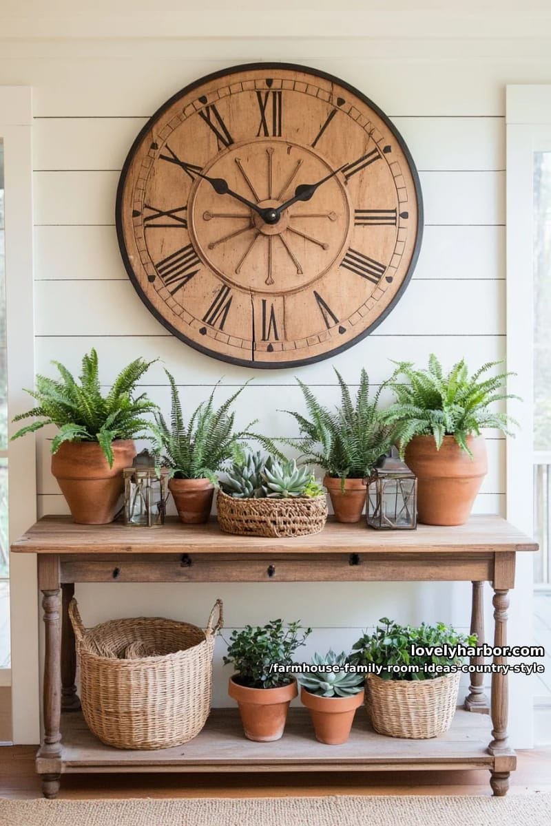 wrought iron wall clock above a rustic wooden console brimming with potted greenery 1