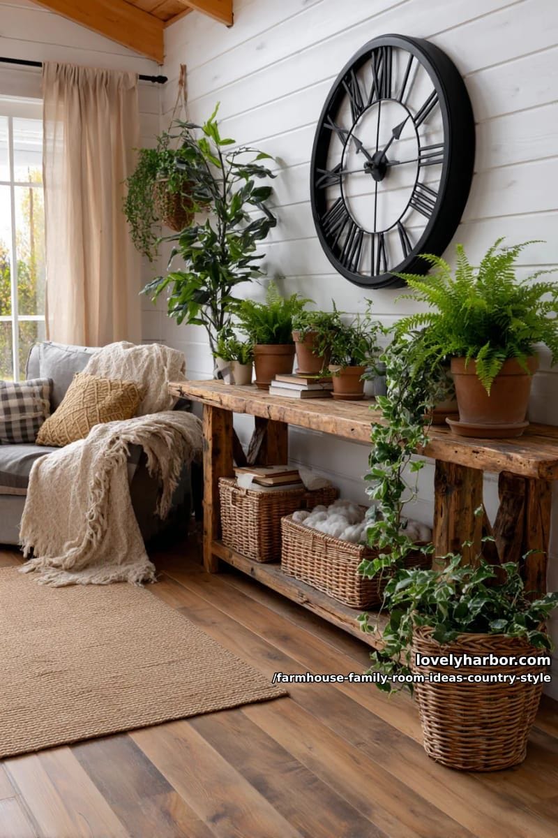 wrought iron wall clock above a rustic wooden console brimming with potted greenery 1