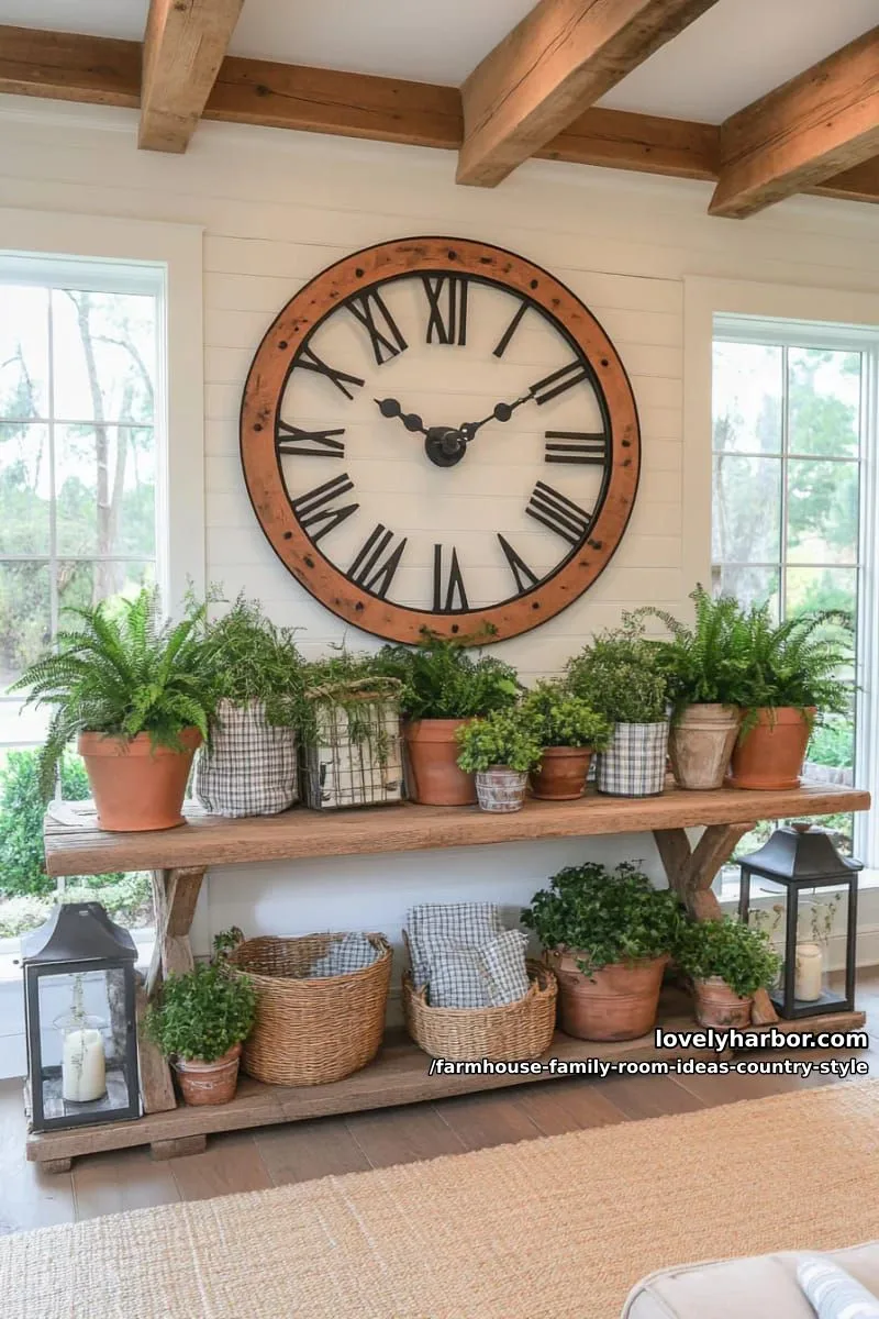 wrought iron wall clock above a rustic wooden console brimming with potted greenery 1