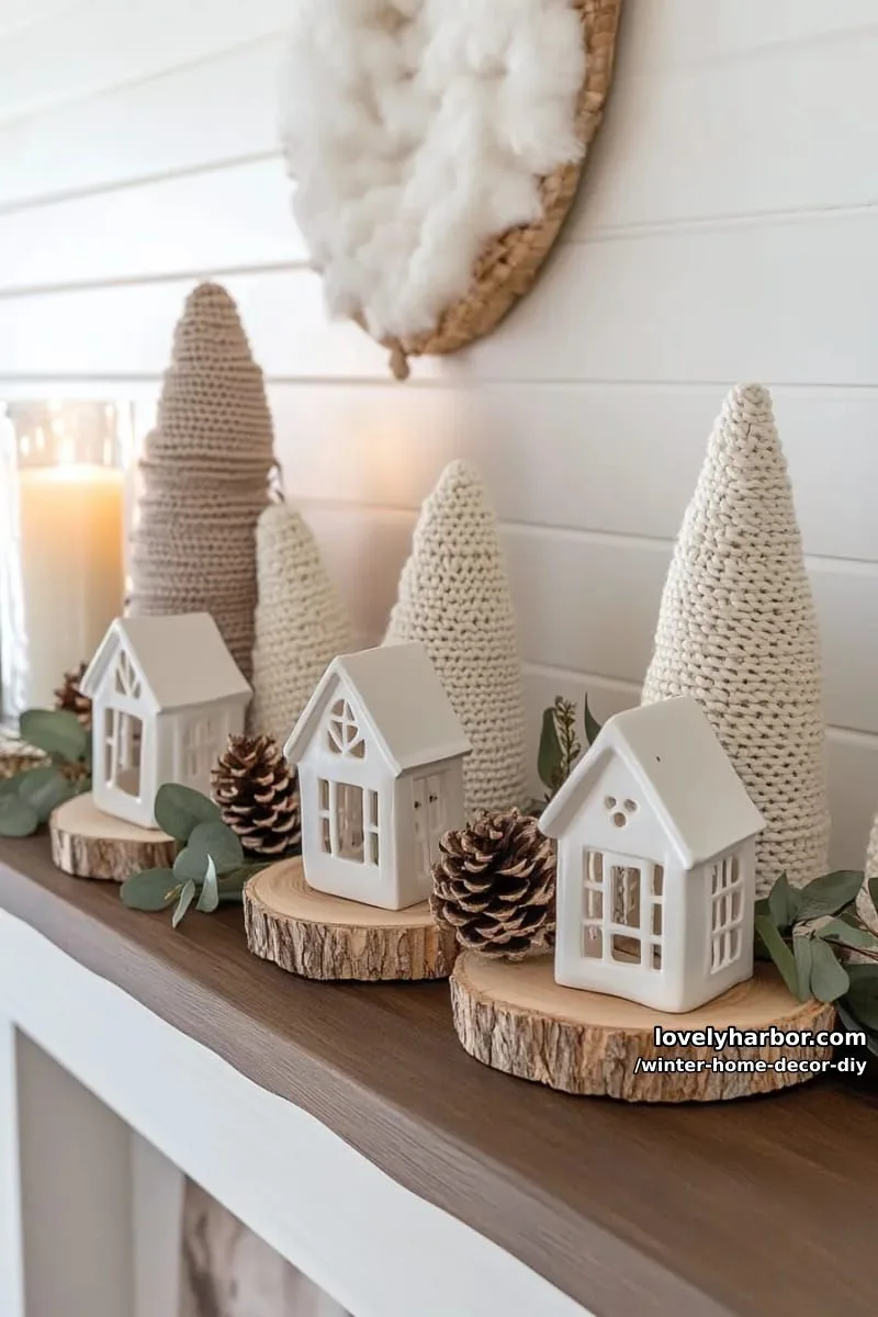 yarn-wrapped cone trees with wood slice bases for a neutral winter village 1