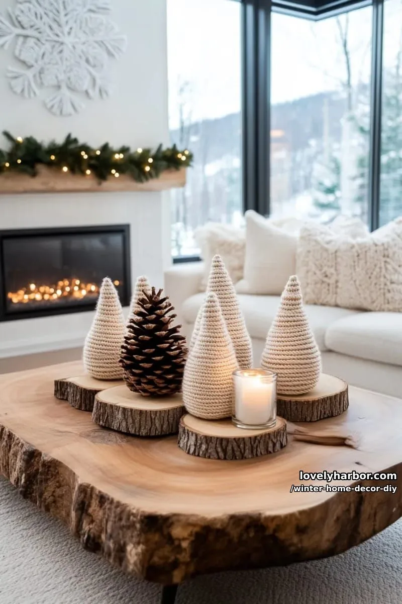 yarn-wrapped cone trees with wood slice bases for a neutral winter village 1