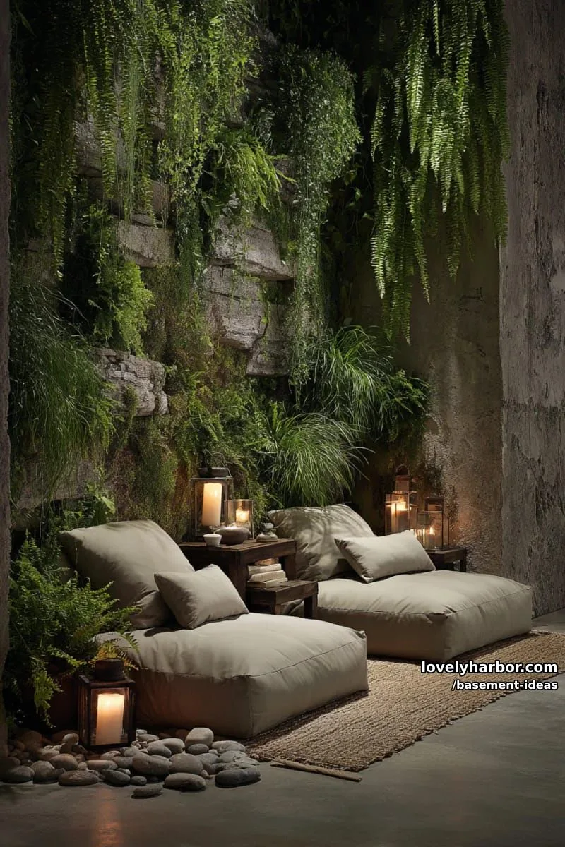 15 Creative Basement Design Ideas with Wow Factor 19 zen-inspired meditation corner with floor cushions and live greenery wall. 1
