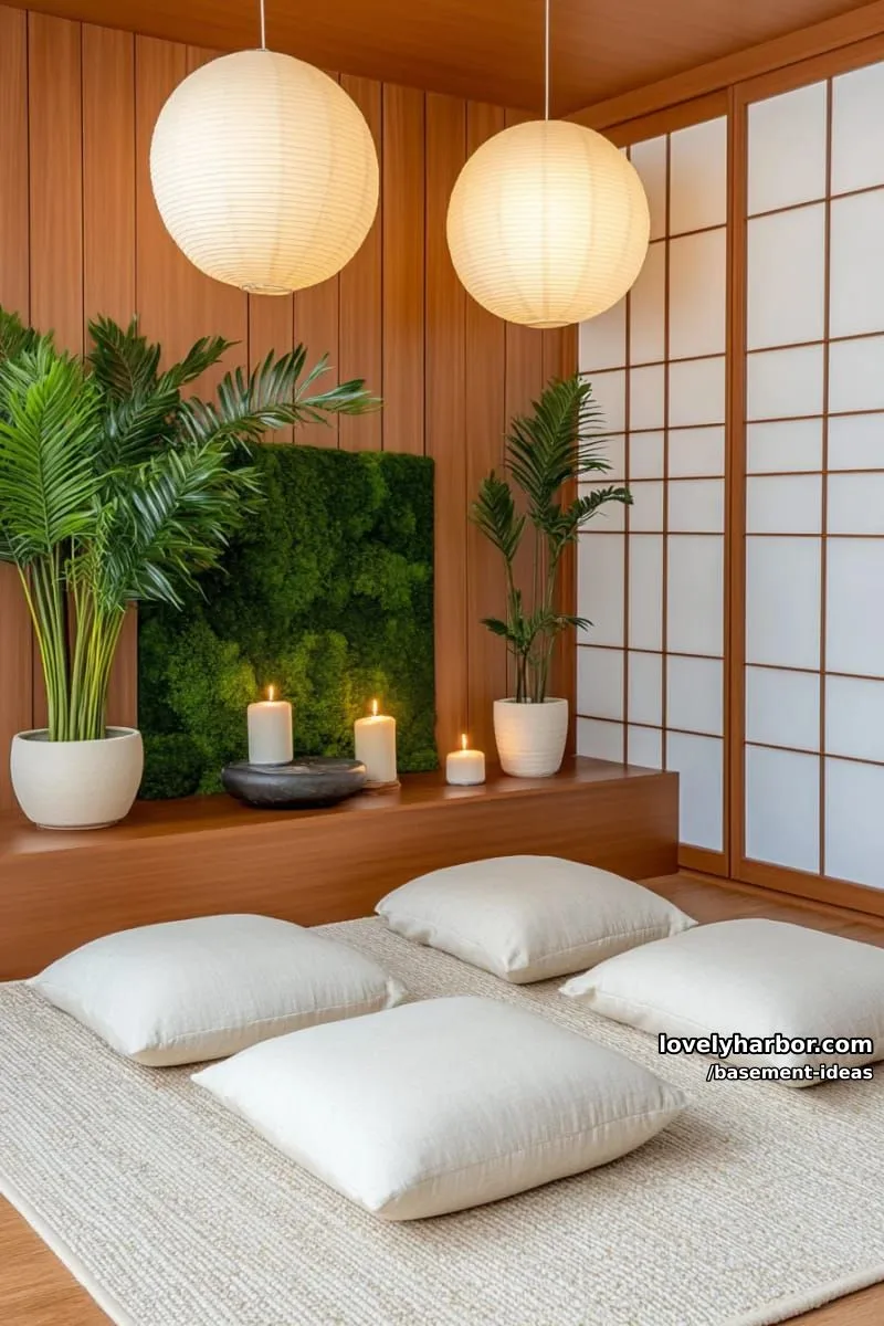15 Creative Basement Design Ideas with Wow Factor 20 zen-inspired meditation corner with floor cushions and live greenery wall. 1