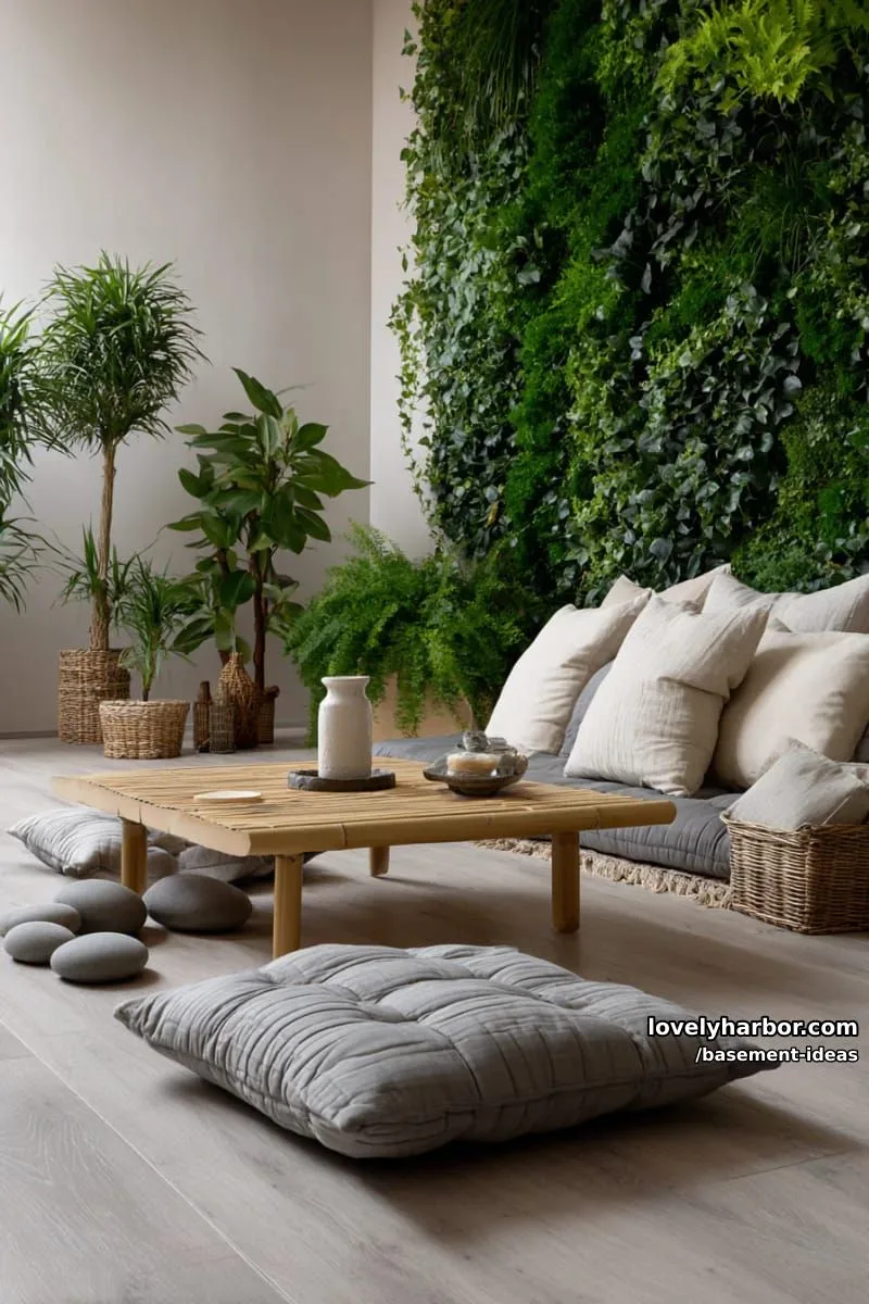 15 Creative Basement Design Ideas with Wow Factor 21 zen-inspired meditation corner with floor cushions and live greenery wall. 1