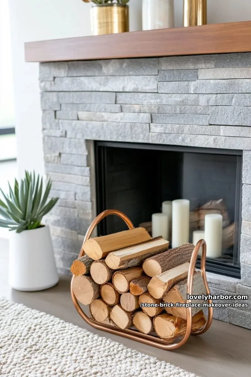 accent with copper or brass firewood holders against a rugged stone backdrop. 1