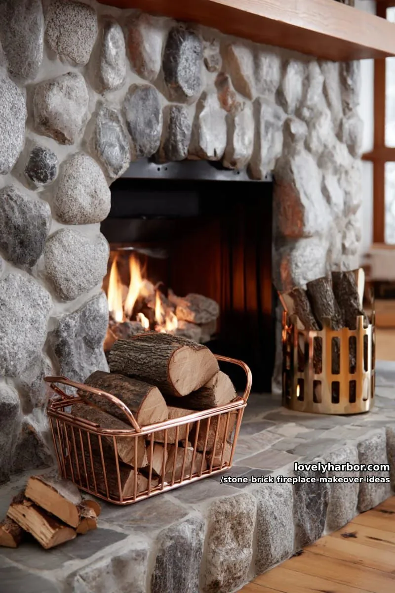 accent with copper or brass firewood holders against a rugged stone backdrop. 1