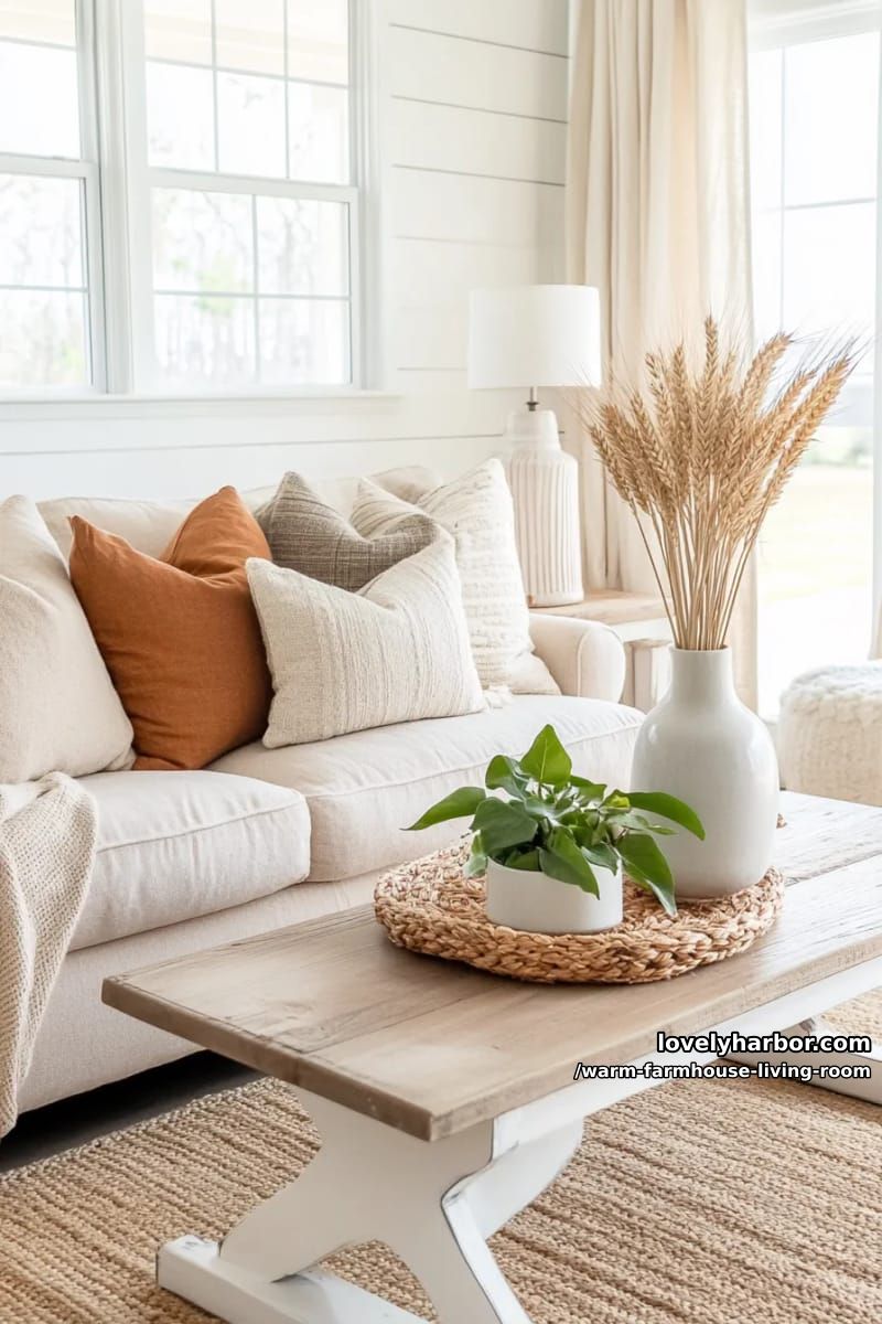 15 Ways to Style a Warm Farmhouse Living Room 23 add a shiplap accent wall behind an overstuffed couch with warm neutral cushions 1