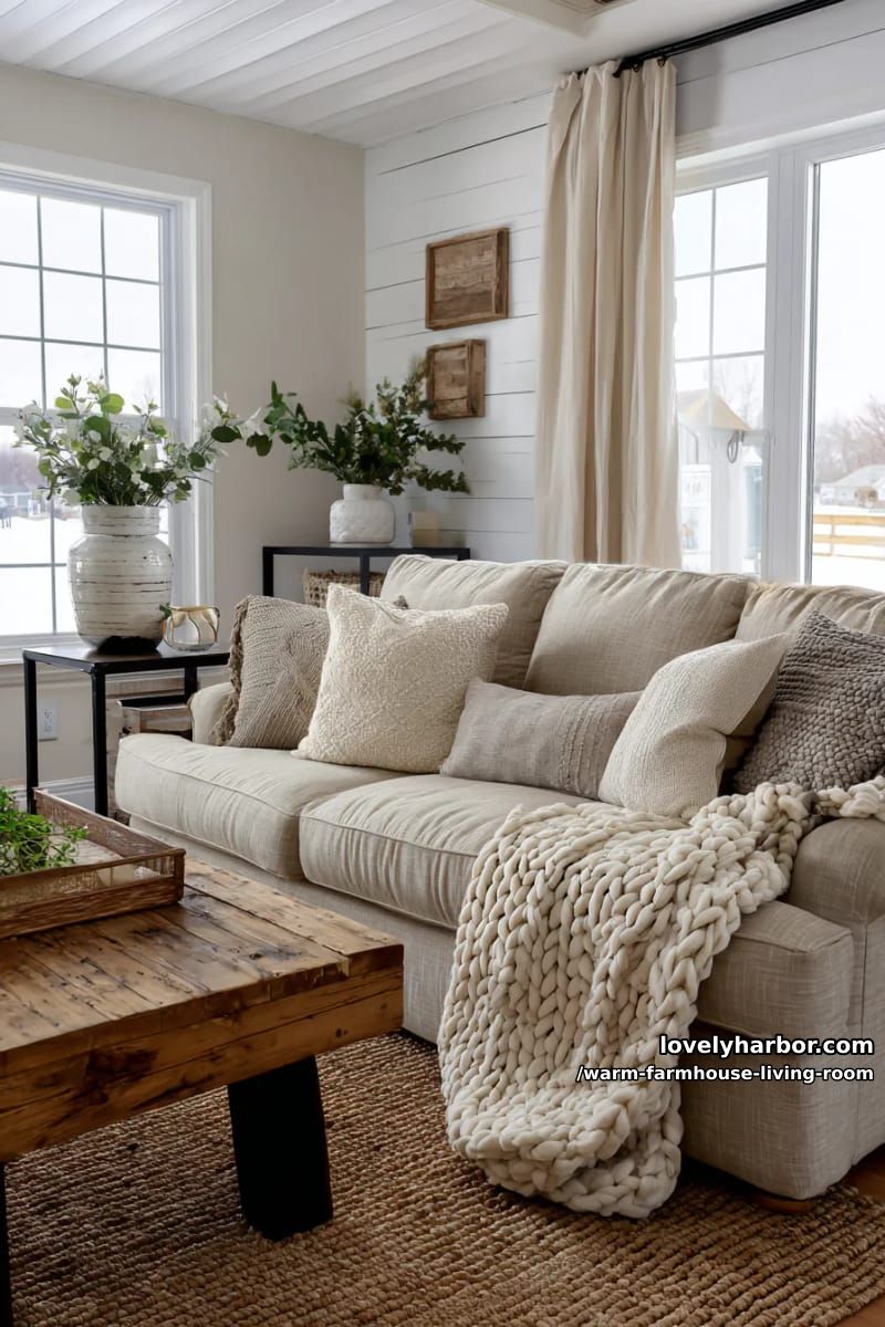 15 Ways to Style a Warm Farmhouse Living Room 24 add a shiplap accent wall behind an overstuffed couch with warm neutral cushions 1