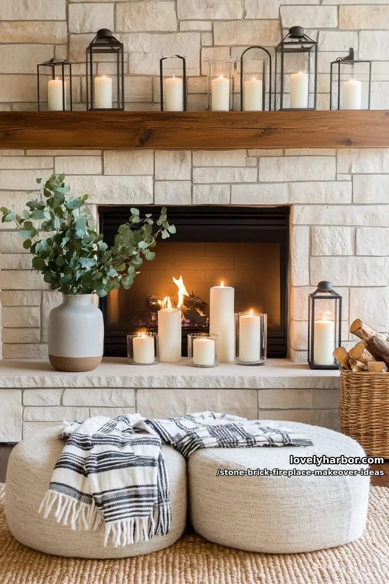 add chunky reclaimed wood mantel over stacked stone for rustic farmhouse charm. 1