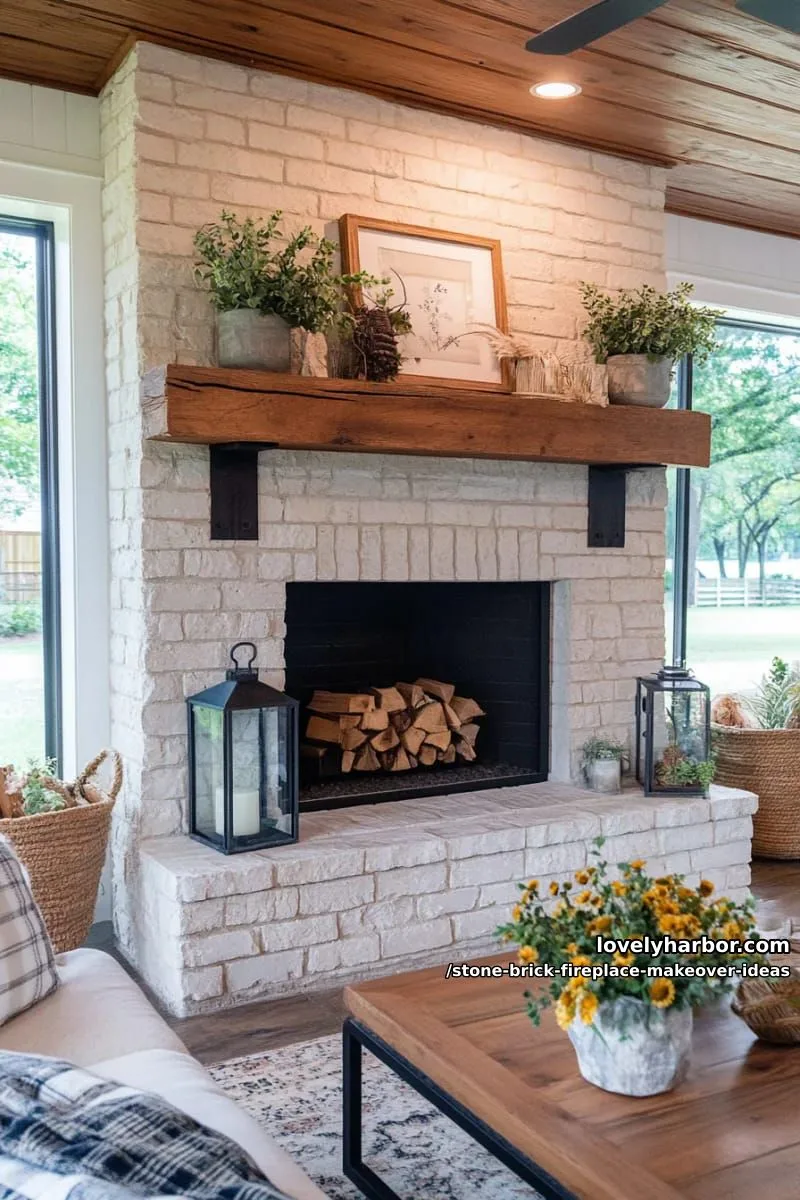 add chunky reclaimed wood mantel over stacked stone for rustic farmhouse charm. 1