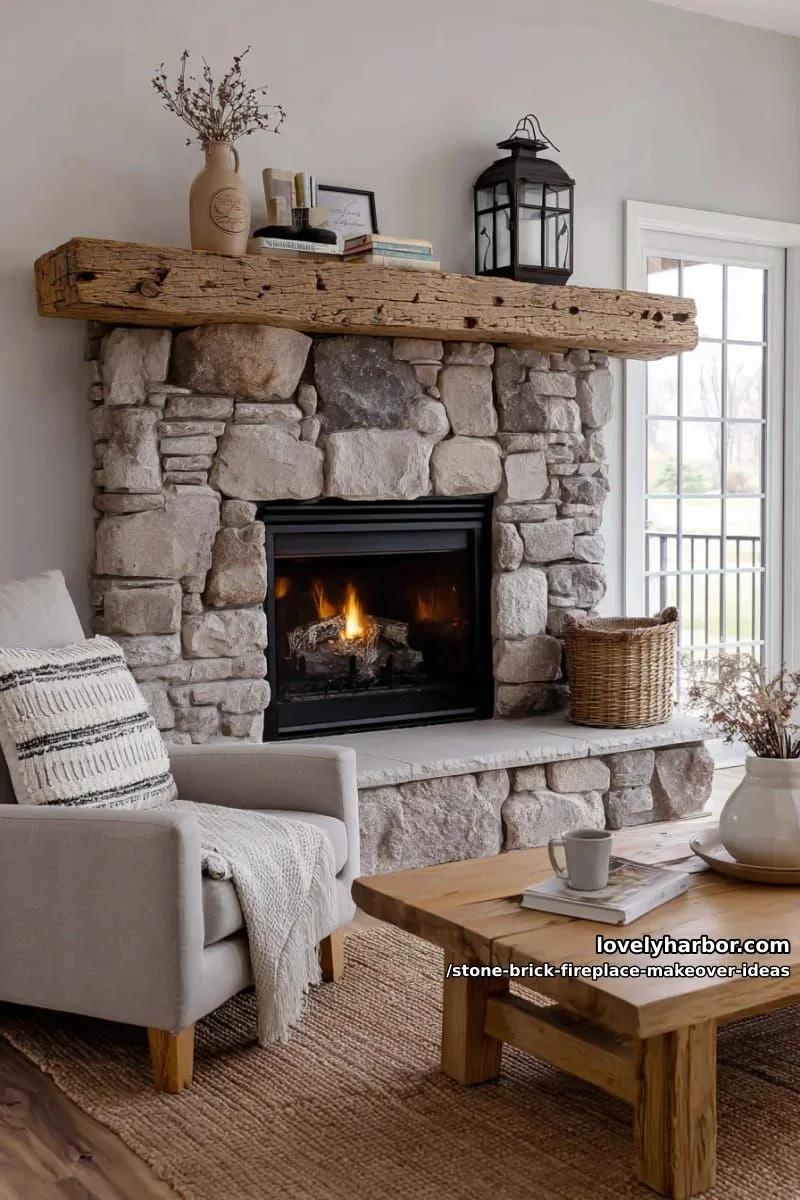 add chunky reclaimed wood mantel over stacked stone for rustic farmhouse charm. 1