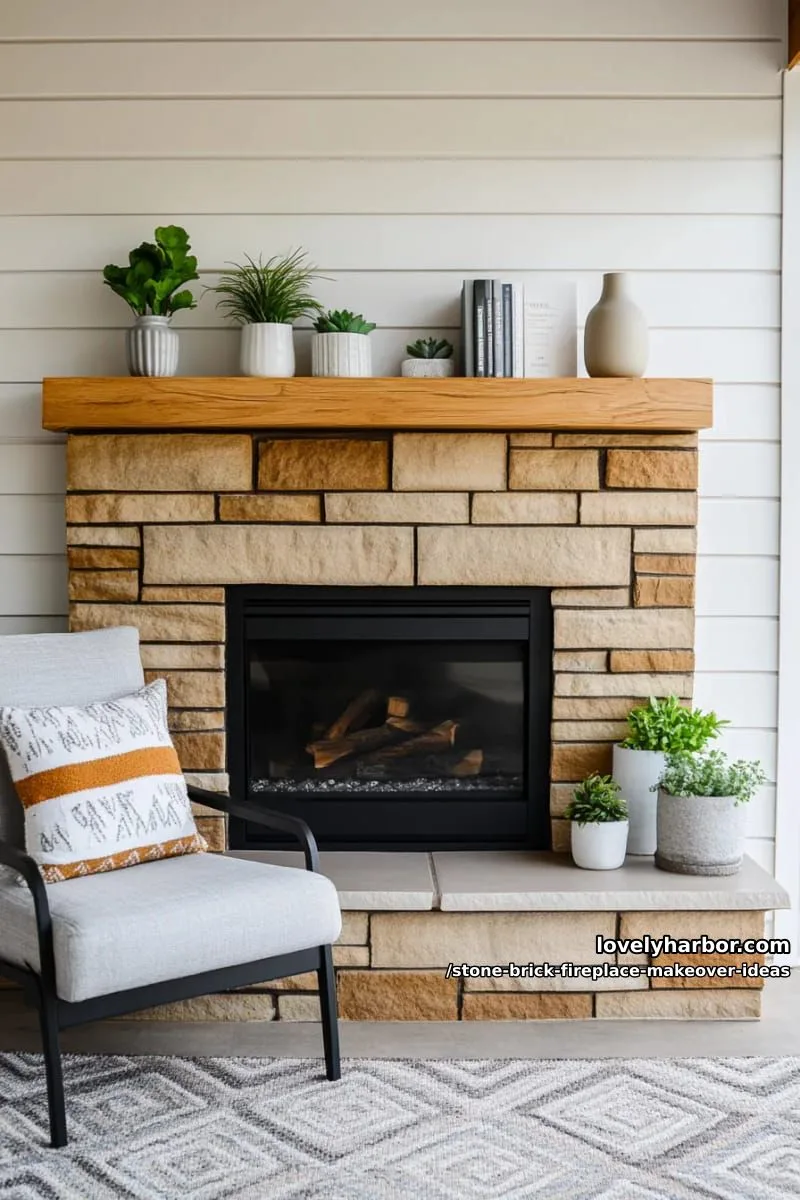 add floating shelves above a stone fireplace for minimalist, modern display space. 1