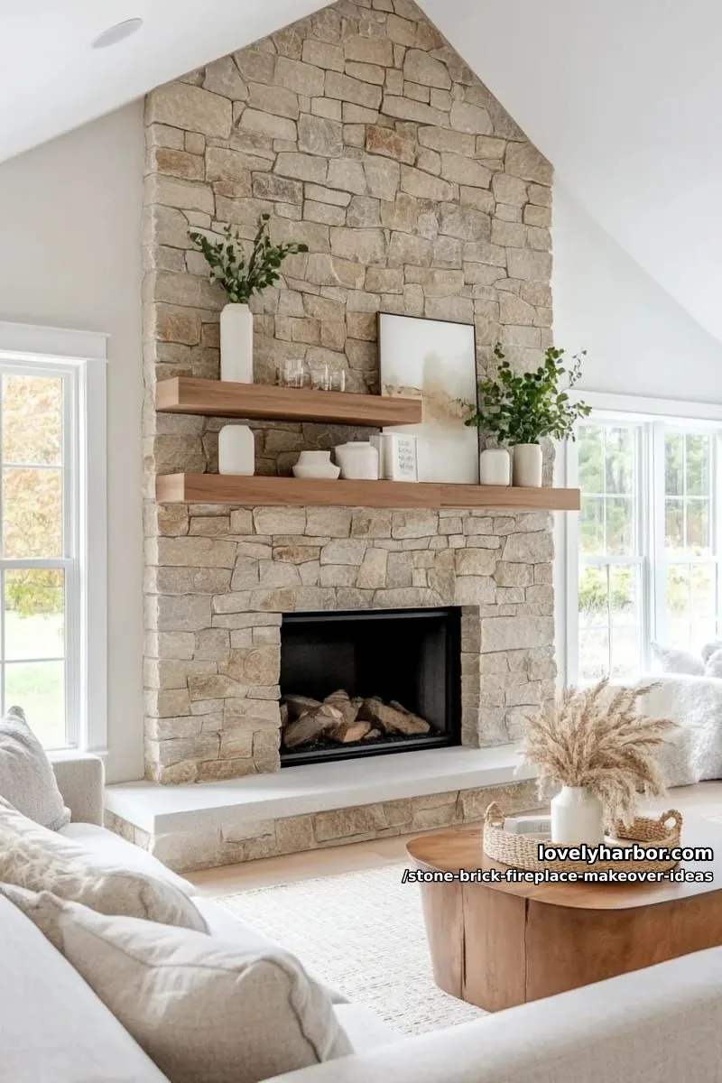 add floating shelves above a stone fireplace for minimalist, modern display space. 1