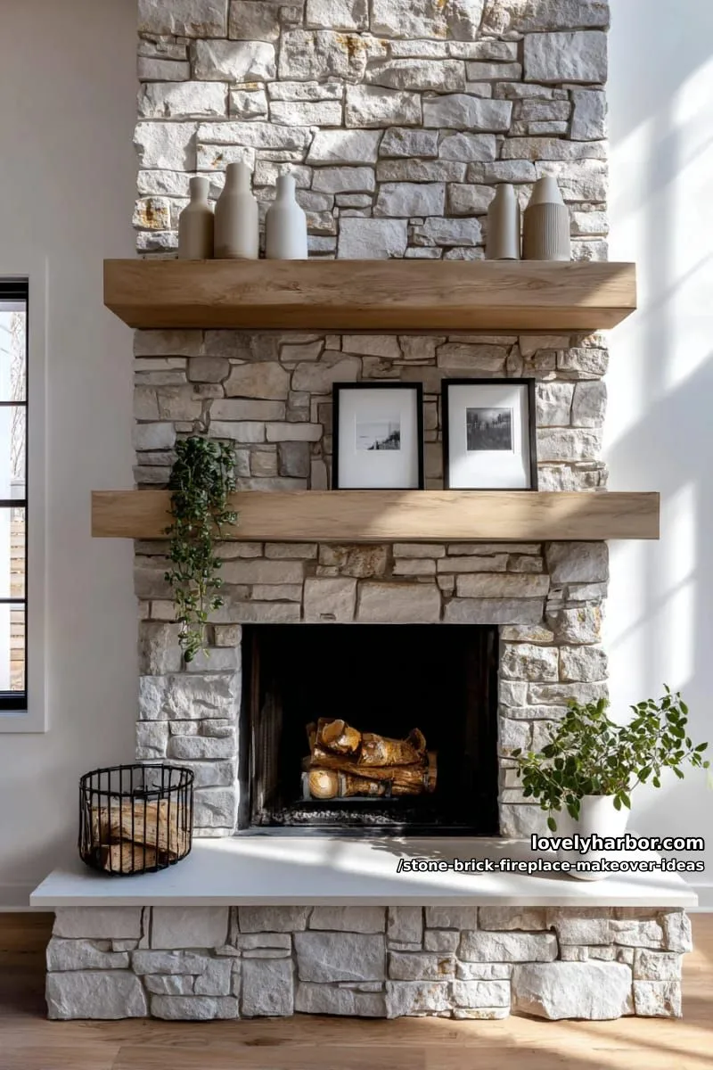 add floating shelves above a stone fireplace for minimalist, modern display space. 1
