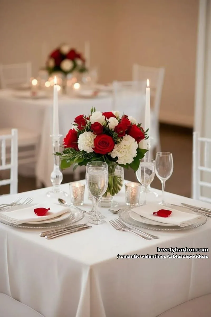 all-white tablescape with ruby red rose centerpiece and clear crystal accents 1