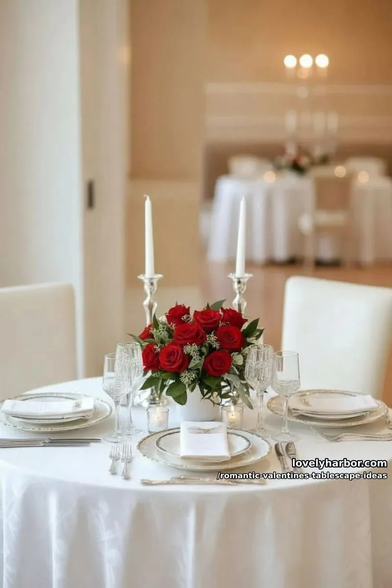 all-white tablescape with ruby red rose centerpiece and clear crystal accents 1