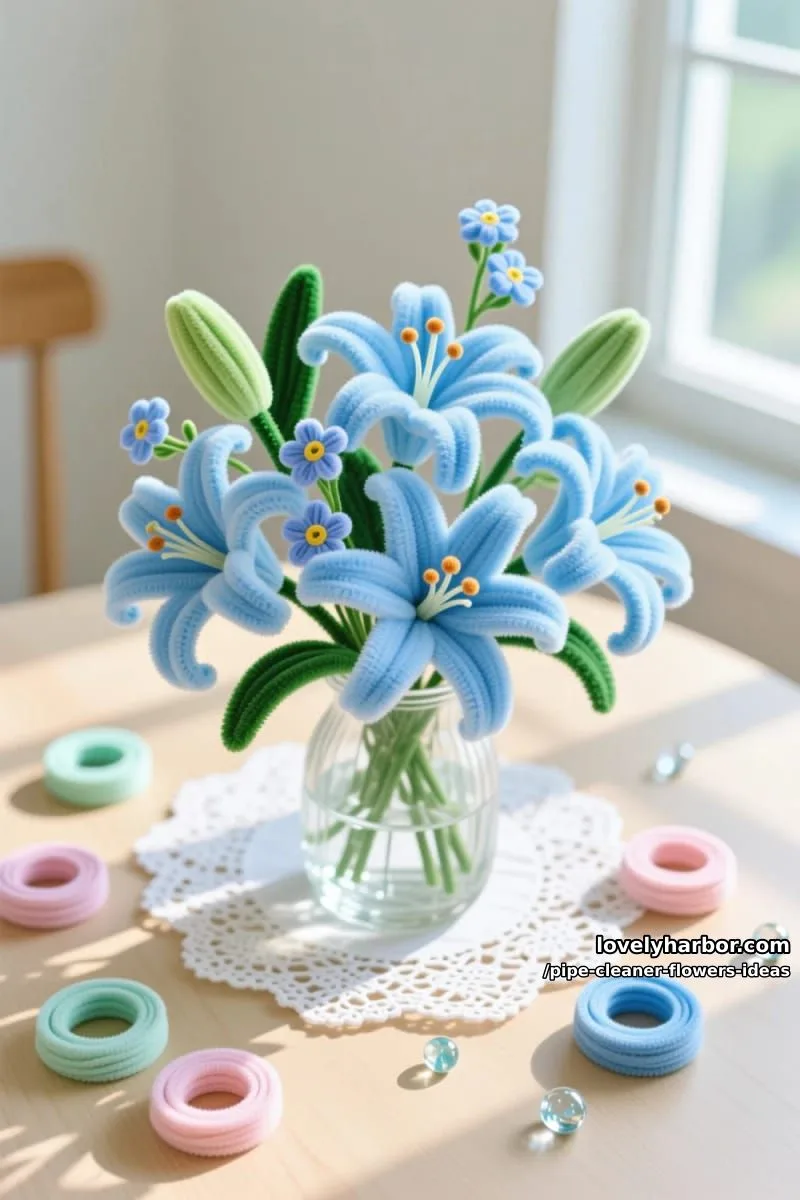 arrange soft blue lilies and delicate forget-me-nots in a glass vase centerpiece. 1