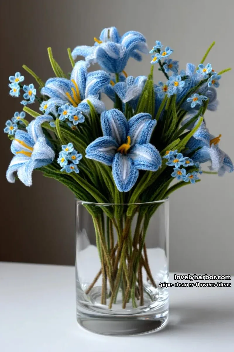 arrange soft blue lilies and delicate forget-me-nots in a glass vase centerpiece. 1