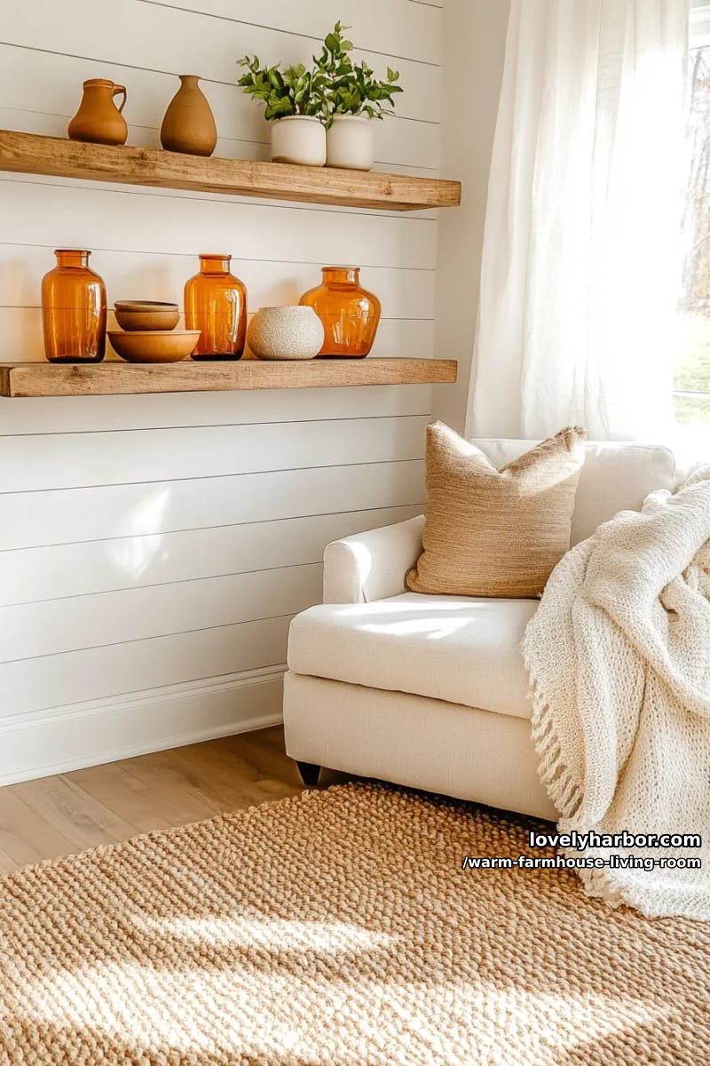 15 Ways to Style a Warm Farmhouse Living Room 6 arrange vintage pottery and amber glass vases on reclaimed wood farmhouse shelves 1