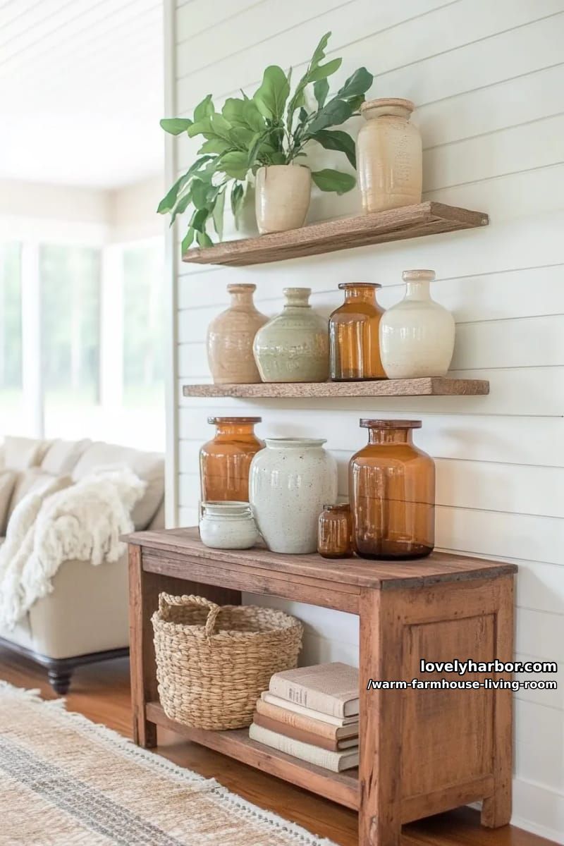 15 Ways to Style a Warm Farmhouse Living Room 8 arrange vintage pottery and amber glass vases on reclaimed wood farmhouse shelves 1