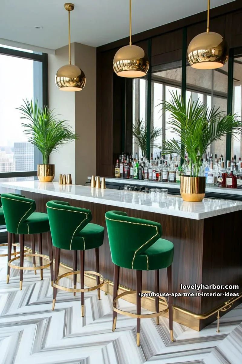 29 Stunning Penthouse Apartment Interior Design Ideas for a Fresh New Look 57 art-deco-inspired cocktail bar with mirrored backsplash and velvet stools 1