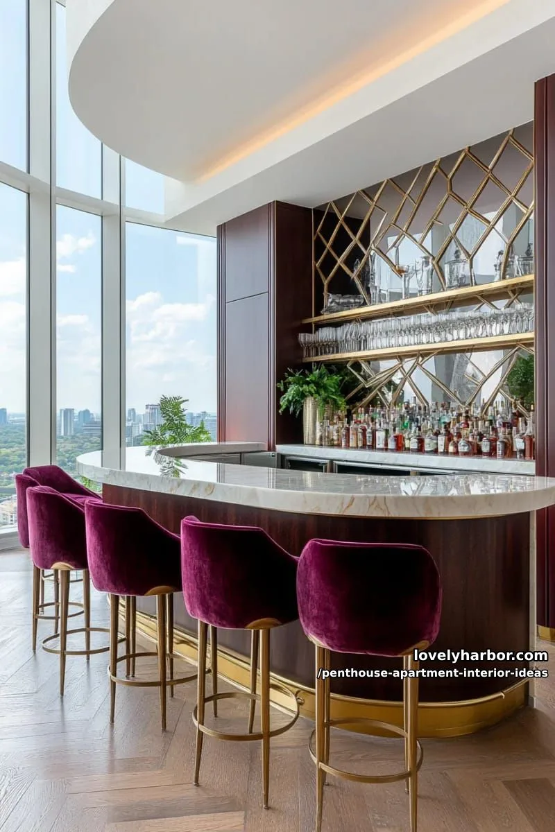 29 Stunning Penthouse Apartment Interior Design Ideas for a Fresh New Look 58 art-deco-inspired cocktail bar with mirrored backsplash and velvet stools 1