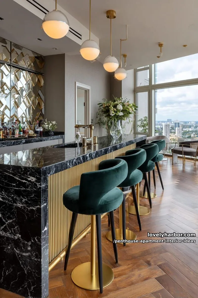 29 Stunning Penthouse Apartment Interior Design Ideas for a Fresh New Look 59 art-deco-inspired cocktail bar with mirrored backsplash and velvet stools 1