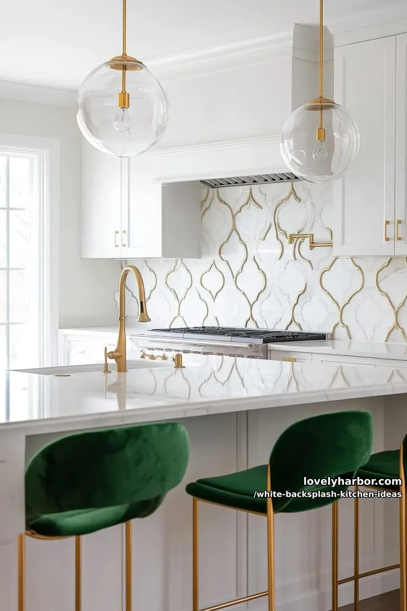 15 Elegant White Backsplash Ideas for Your Kitchen 29 art deco-inspired white tile with metallic inlays for a glamorous twist 1