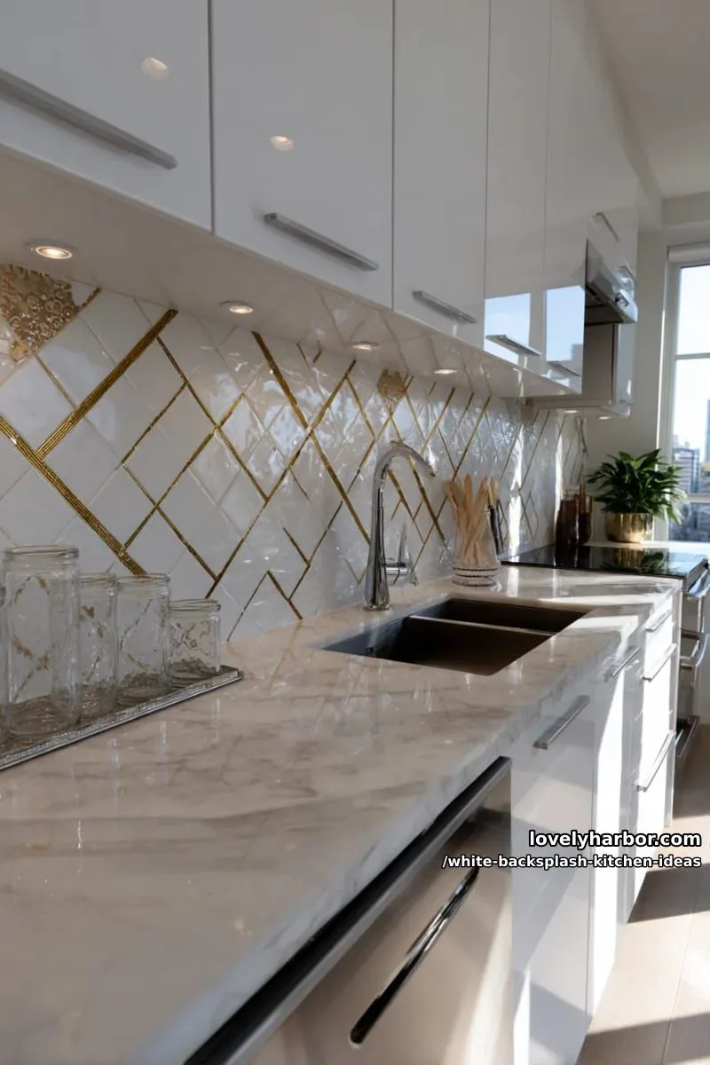 15 Elegant White Backsplash Ideas for Your Kitchen 30 art deco-inspired white tile with metallic inlays for a glamorous twist 1