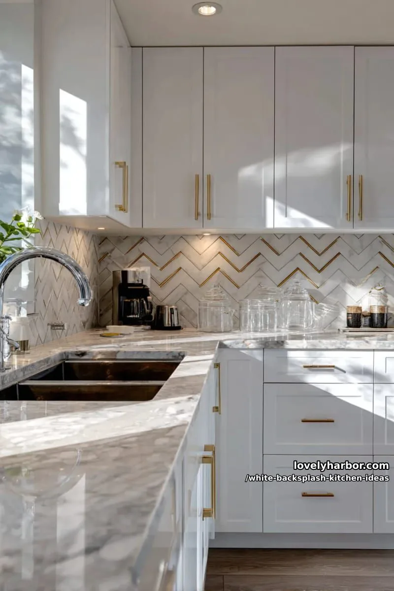 15 Elegant White Backsplash Ideas for Your Kitchen 31 art deco-inspired white tile with metallic inlays for a glamorous twist 1