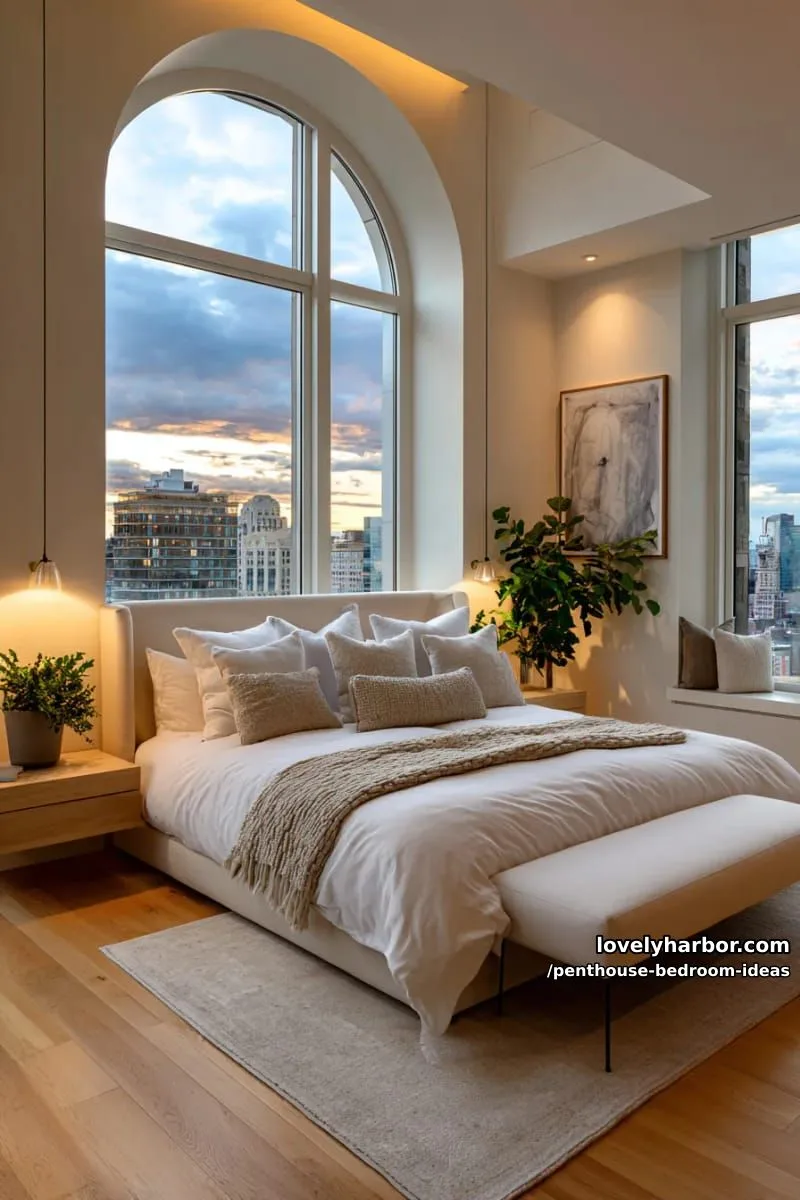 artistic archway framing the bed and illuminated with soft, warm lighting 1