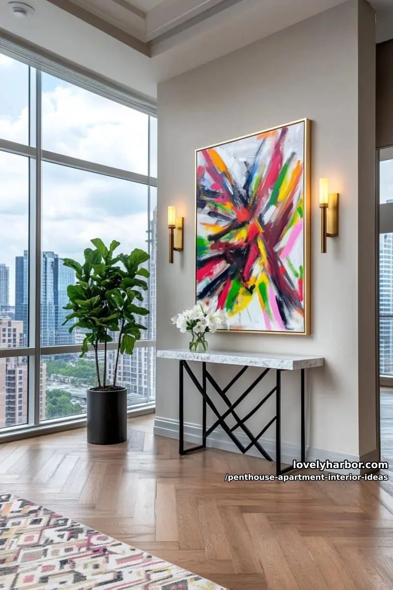 29 Stunning Penthouse Apartment Interior Design Ideas for a Fresh New Look 42 artistic oversized abstract painting as a dramatic entryway focal point 1