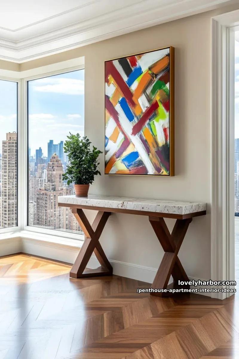 29 Stunning Penthouse Apartment Interior Design Ideas for a Fresh New Look 43 artistic oversized abstract painting as a dramatic entryway focal point 1