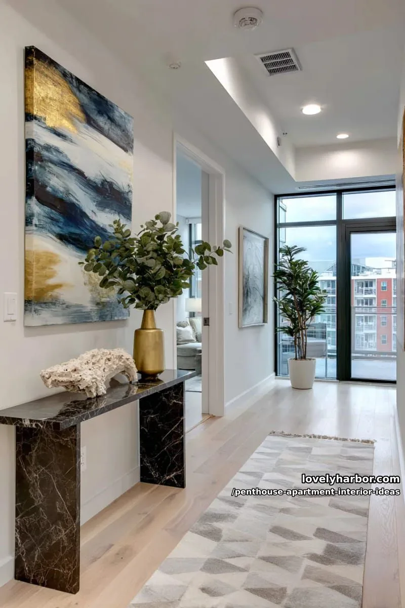 29 Stunning Penthouse Apartment Interior Design Ideas for a Fresh New Look 44 artistic oversized abstract painting as a dramatic entryway focal point 1