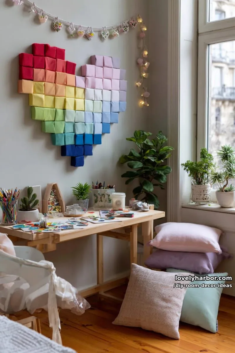 15 Creative DIY Room Decor Ideas to Add Color to Your Space 19 assemble a heart-shaped pixel art wall mosaic using colorful sticky notes 1