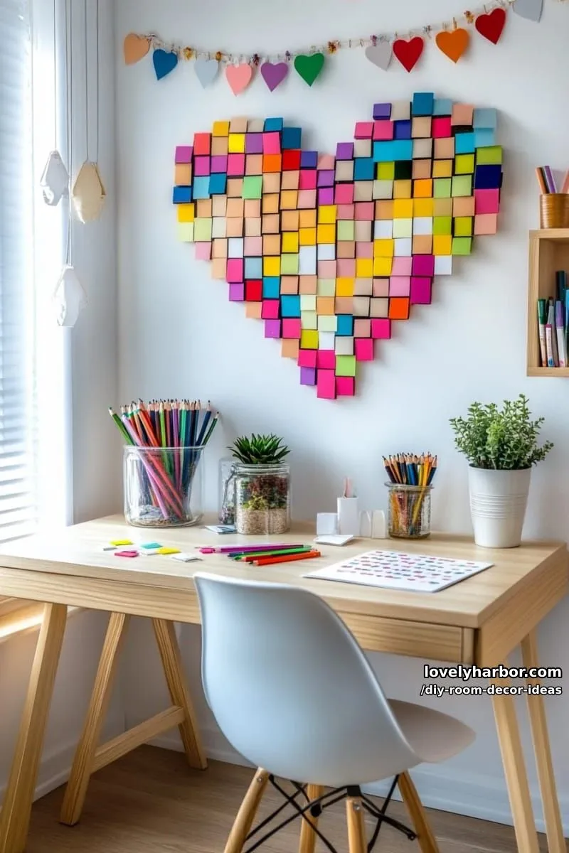 15 Creative DIY Room Decor Ideas to Add Color to Your Space 20 assemble a heart-shaped pixel art wall mosaic using colorful sticky notes 1