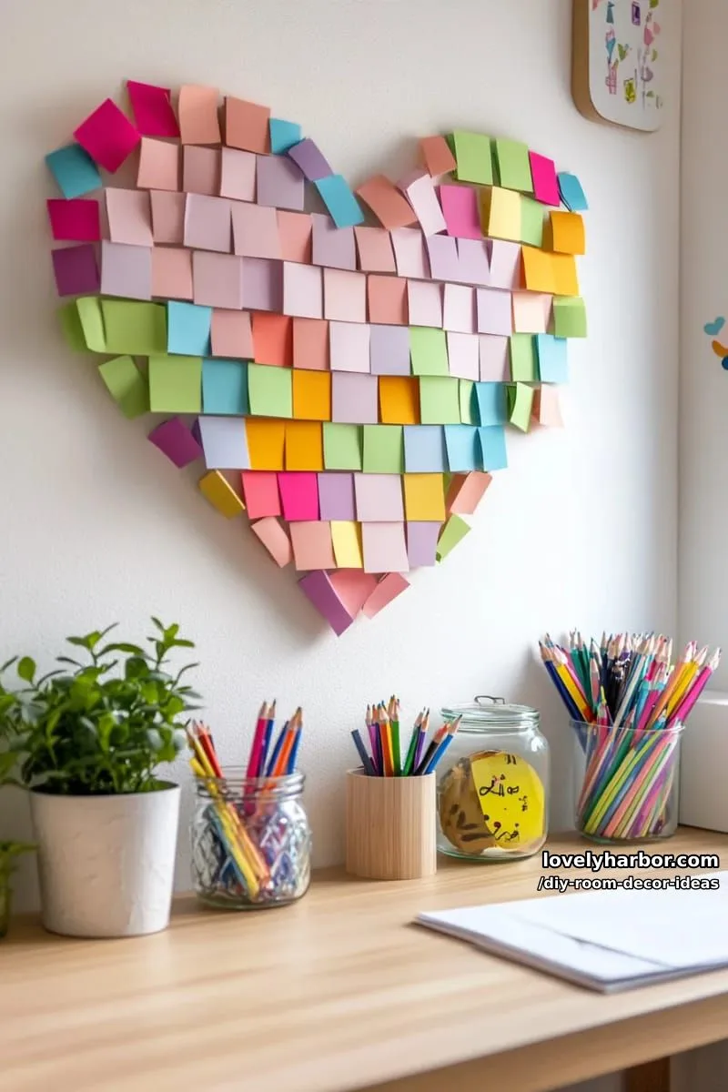 15 Creative DIY Room Decor Ideas to Add Color to Your Space 21 assemble a heart-shaped pixel art wall mosaic using colorful sticky notes 1