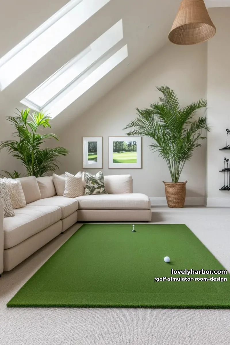 15 Chic Golf Simulator Room Designs to Help Update Your Space! 21 attic golf studio with skylights, sloped ceiling, and minimalist décor 1