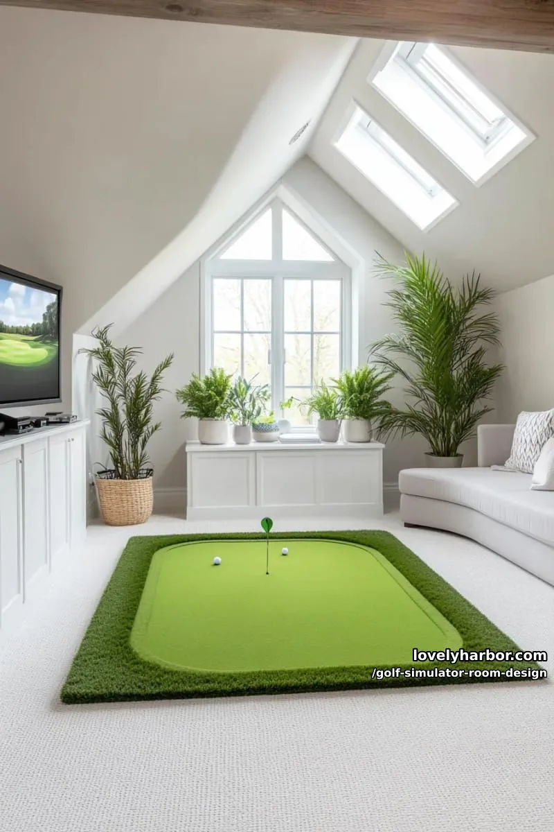 15 Chic Golf Simulator Room Designs to Help Update Your Space! 22 attic golf studio with skylights, sloped ceiling, and minimalist décor 1