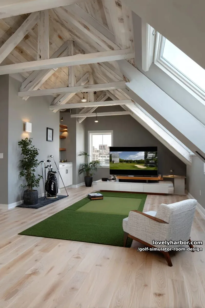 15 Chic Golf Simulator Room Designs to Help Update Your Space! 23 attic golf studio with skylights, sloped ceiling, and minimalist décor 1