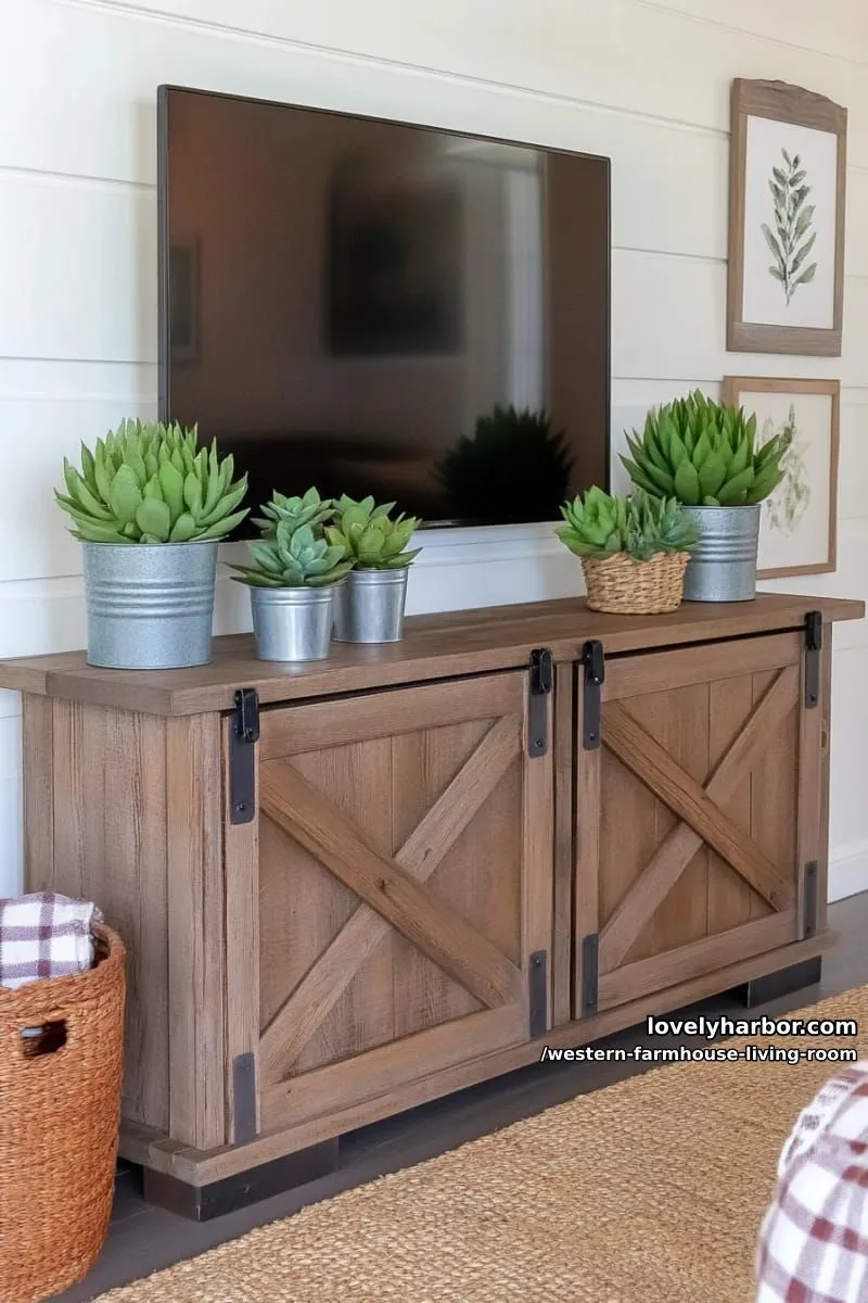 barn door tv console with galvanized accents and potted succulents 1