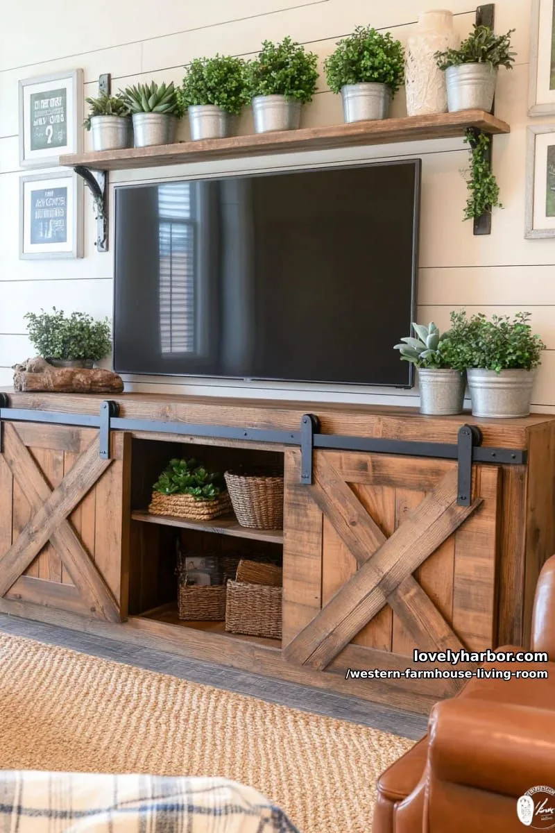 barn door tv console with galvanized accents and potted succulents 1